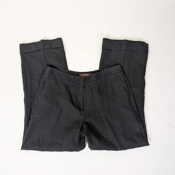 Black Linen Wide Leg Pants Tailored Structured Mid Rise Textured Lined Long - Picture 4 of 8